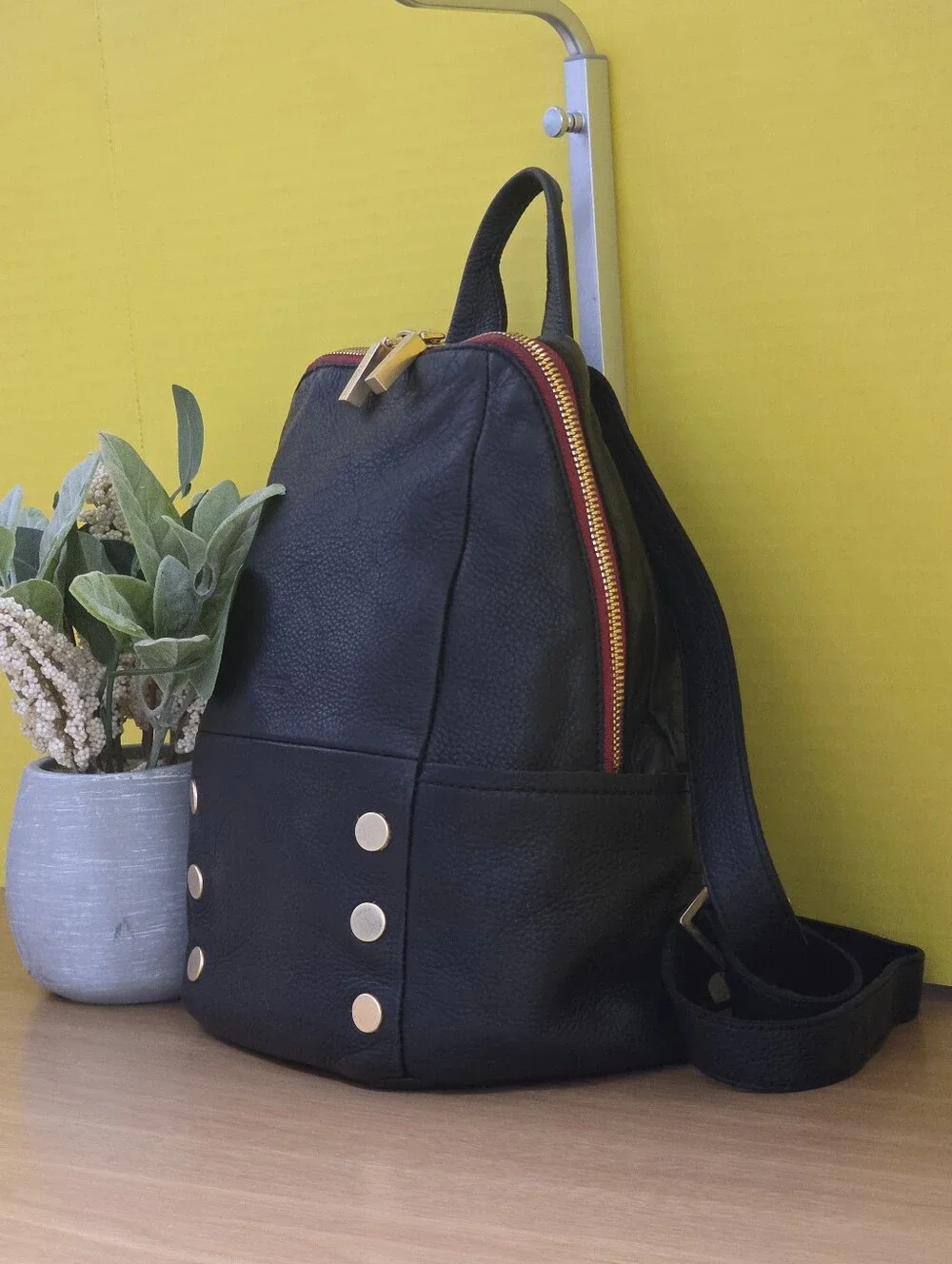 Hammitt Black Leather Medium Backpack with Gold Accents